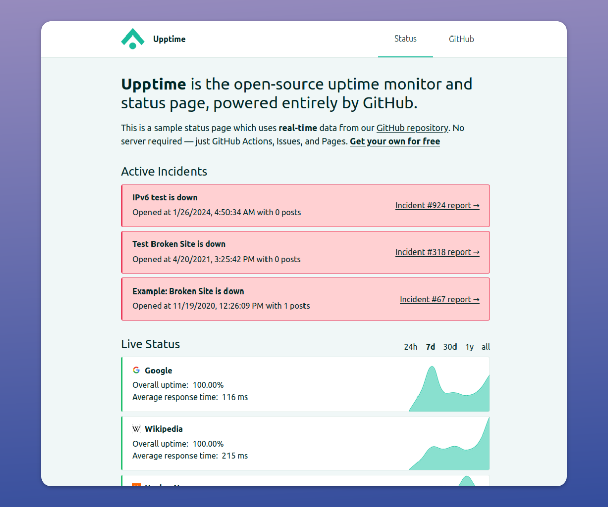 Upptime open source status page